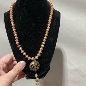 Coldwater Creek Dusty Rose Faux Pearl and Brass Tone Pendant Necklace